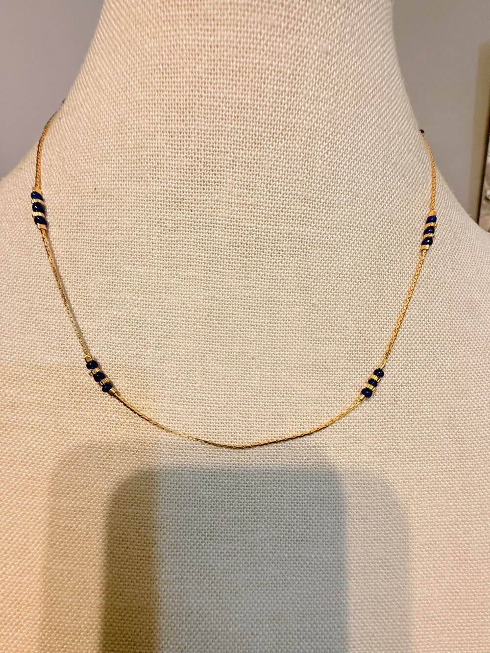Vintage Gold Blue Beaded Necklace 18”